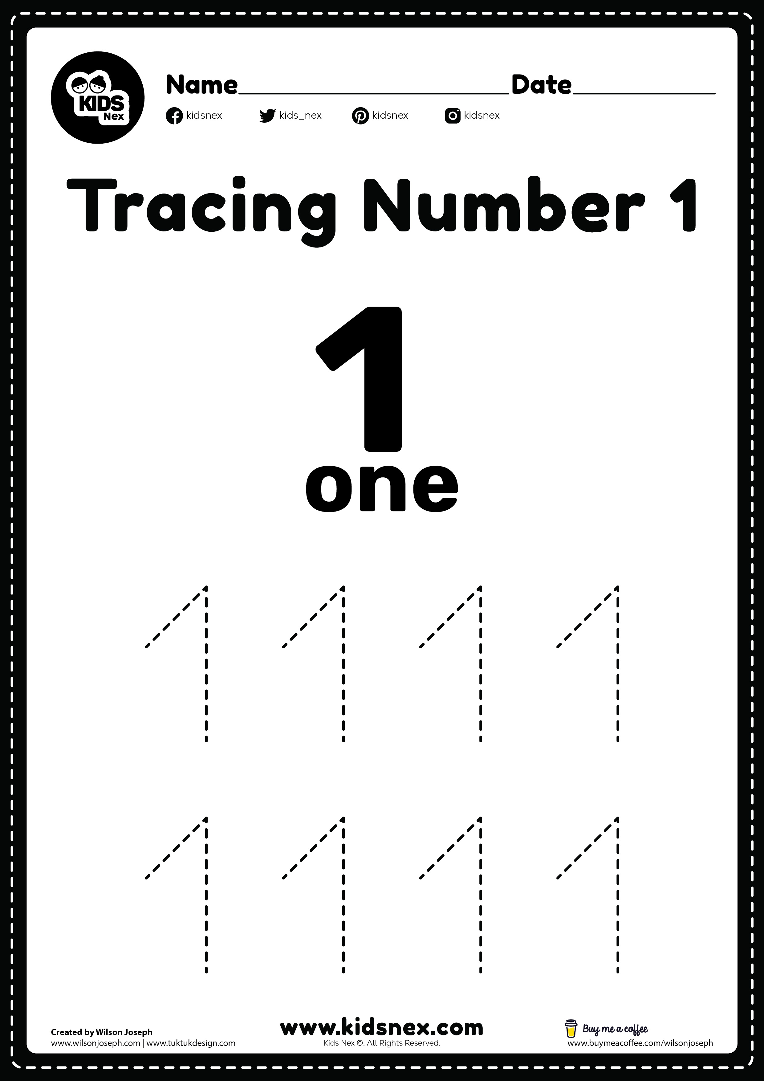 Tracing number 1 worksheet for kindergarten and preschool kids for handwriting practice