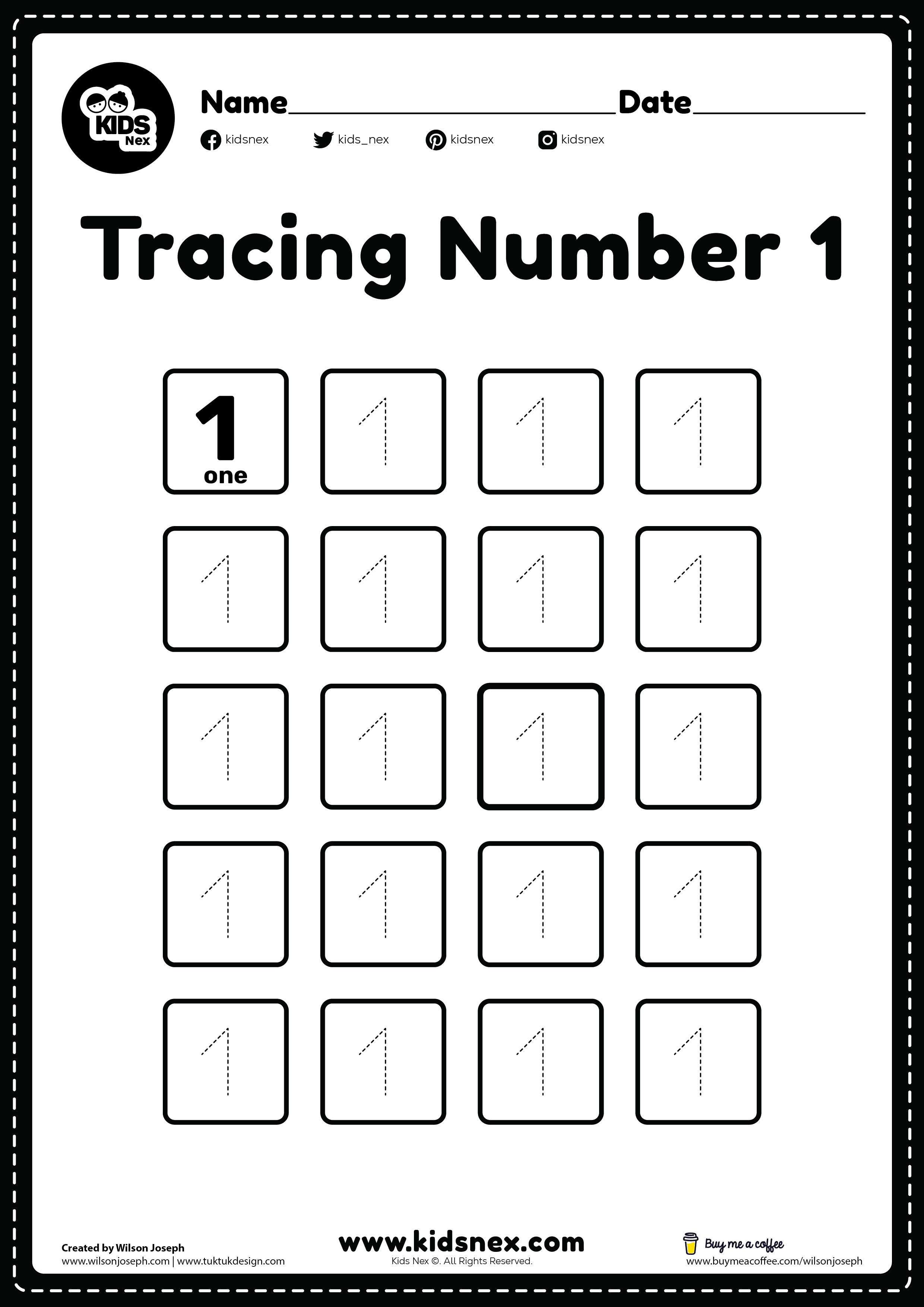 1 Number tracing worksheet for kindergarten and preschool kids