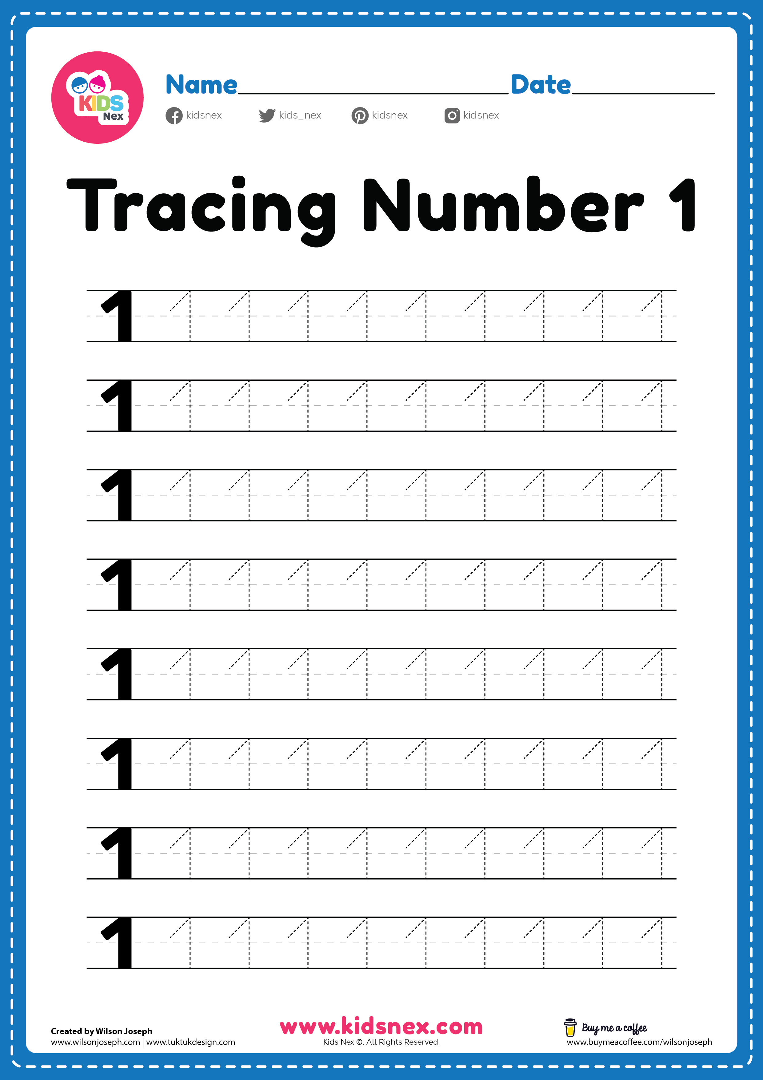 Worksheet for tracing number 1 for kindergarten and preschool kids