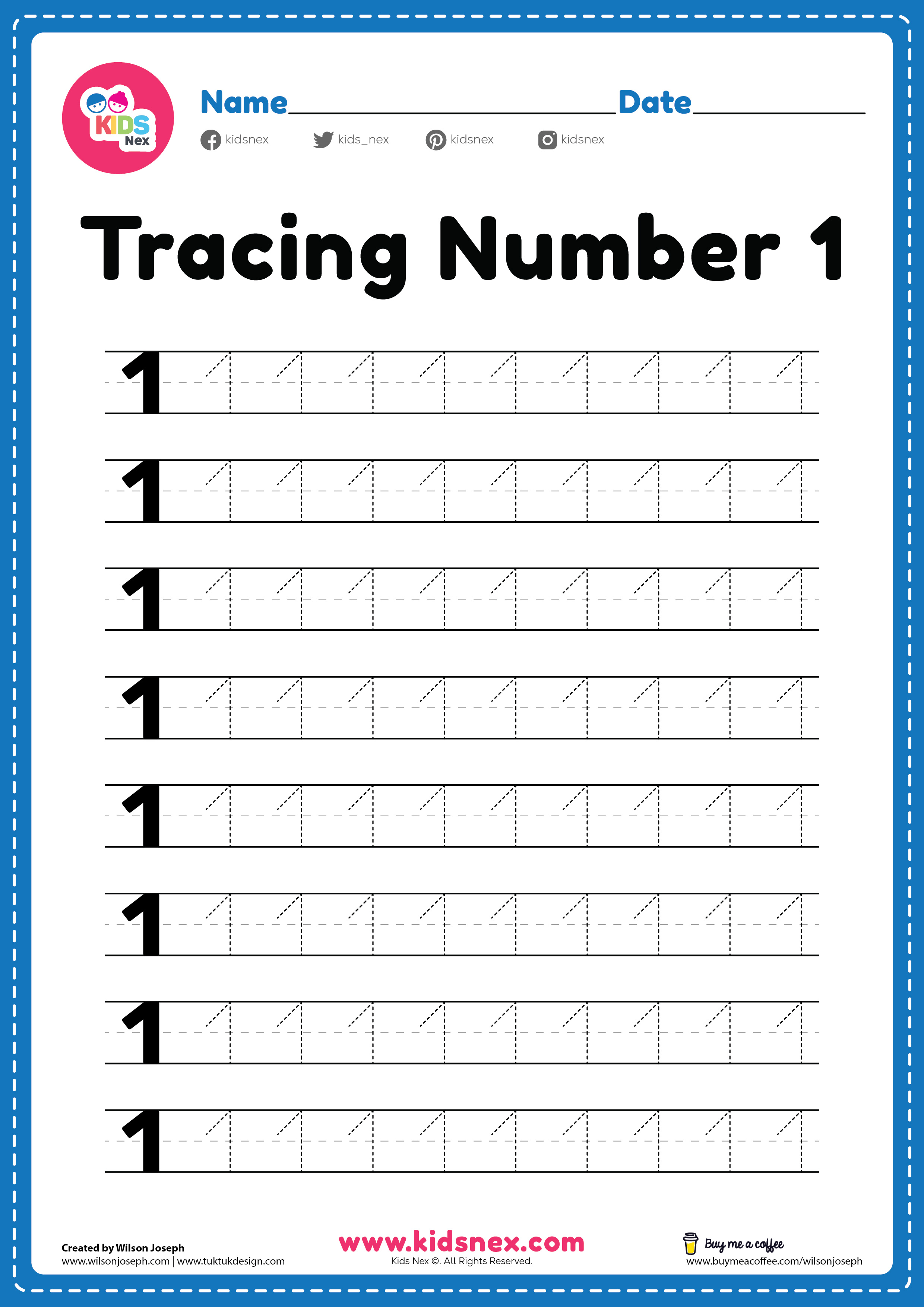 Worksheet for tracing number 1