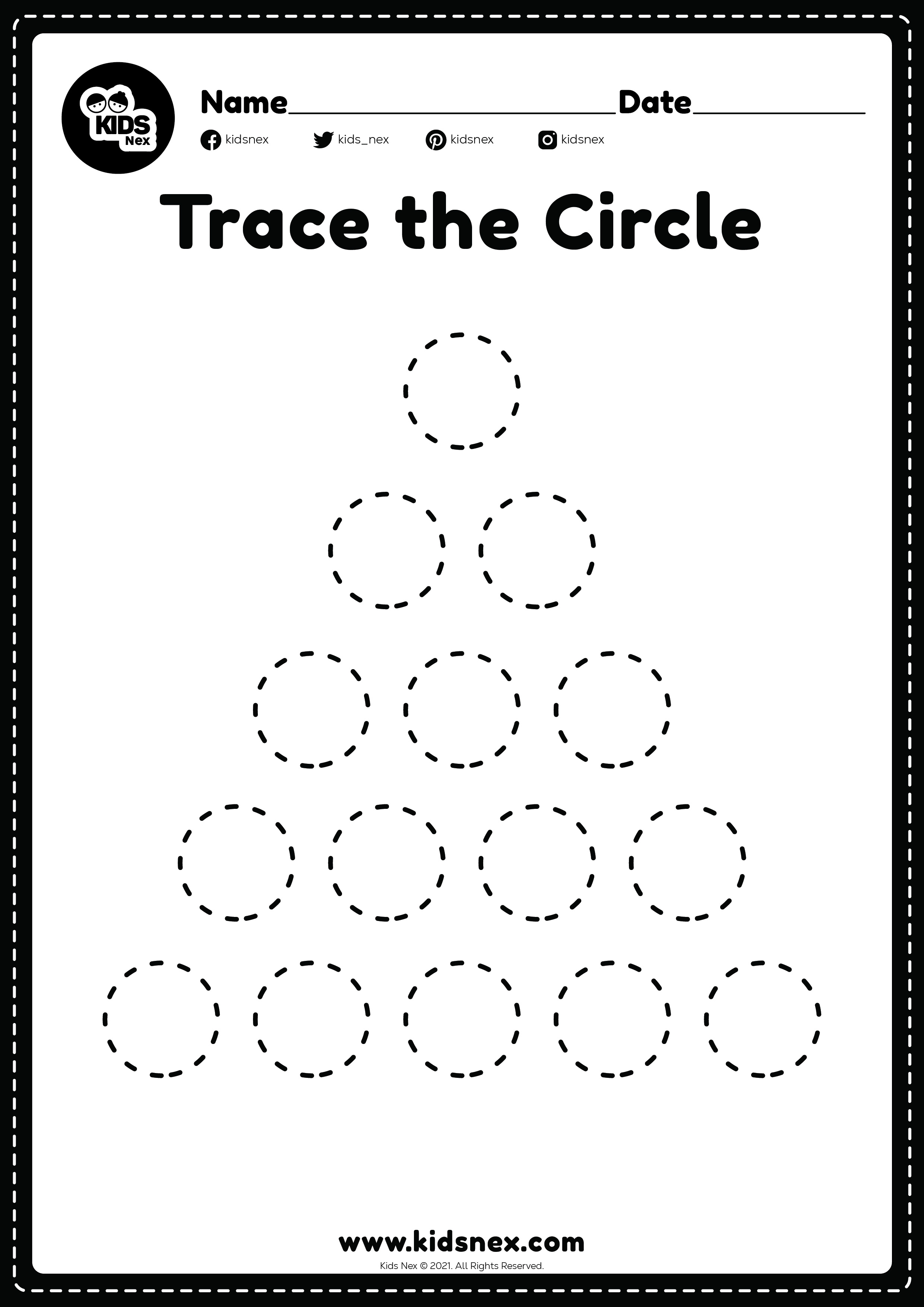 Tracing circles worksheet printable free PDF file format for trace sheet for kindergarten and preschooler kids for learning and educational activities.