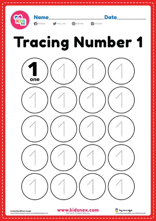 Tracing number 1 handwriting practice