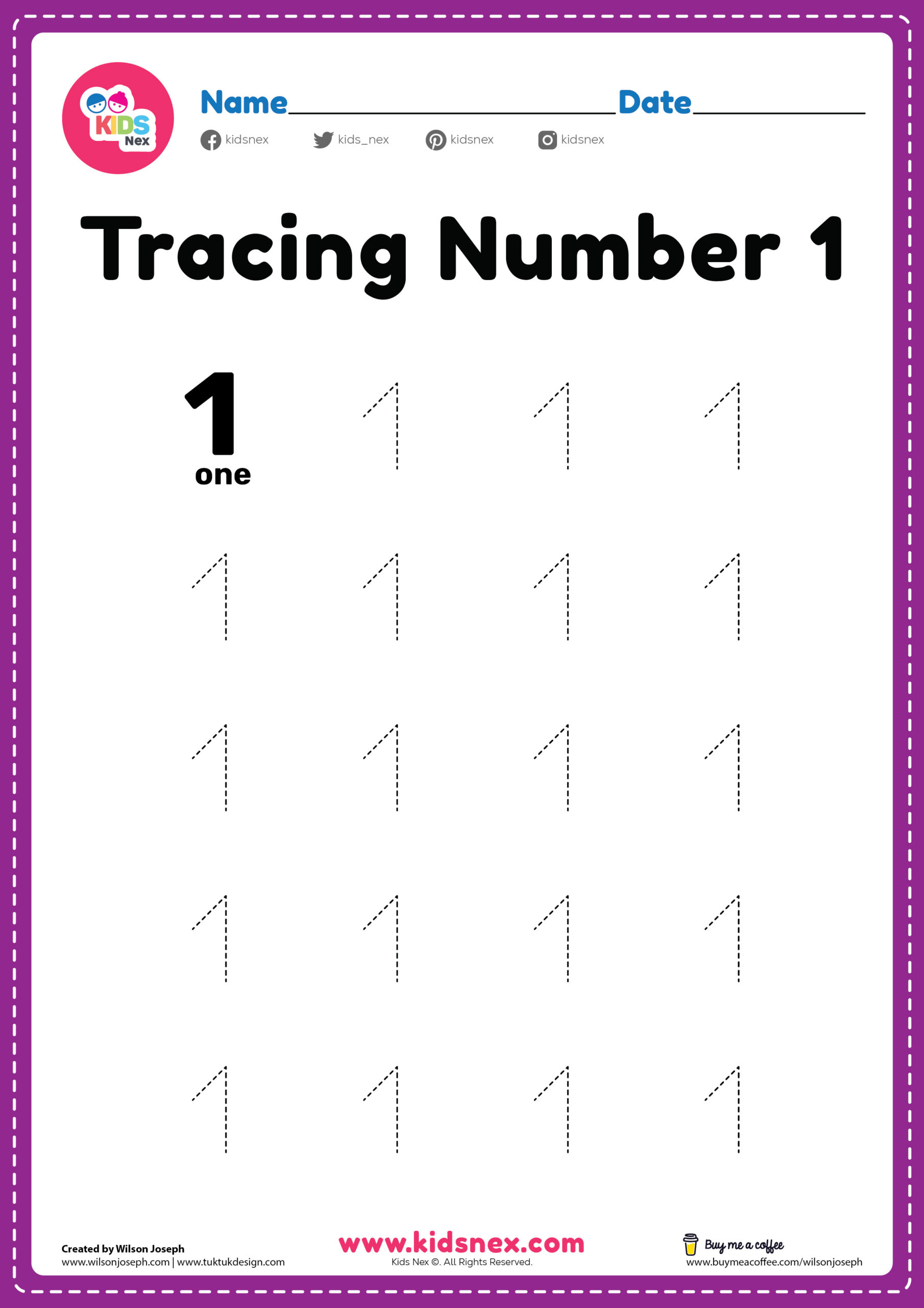 Tracing number 1 worksheet