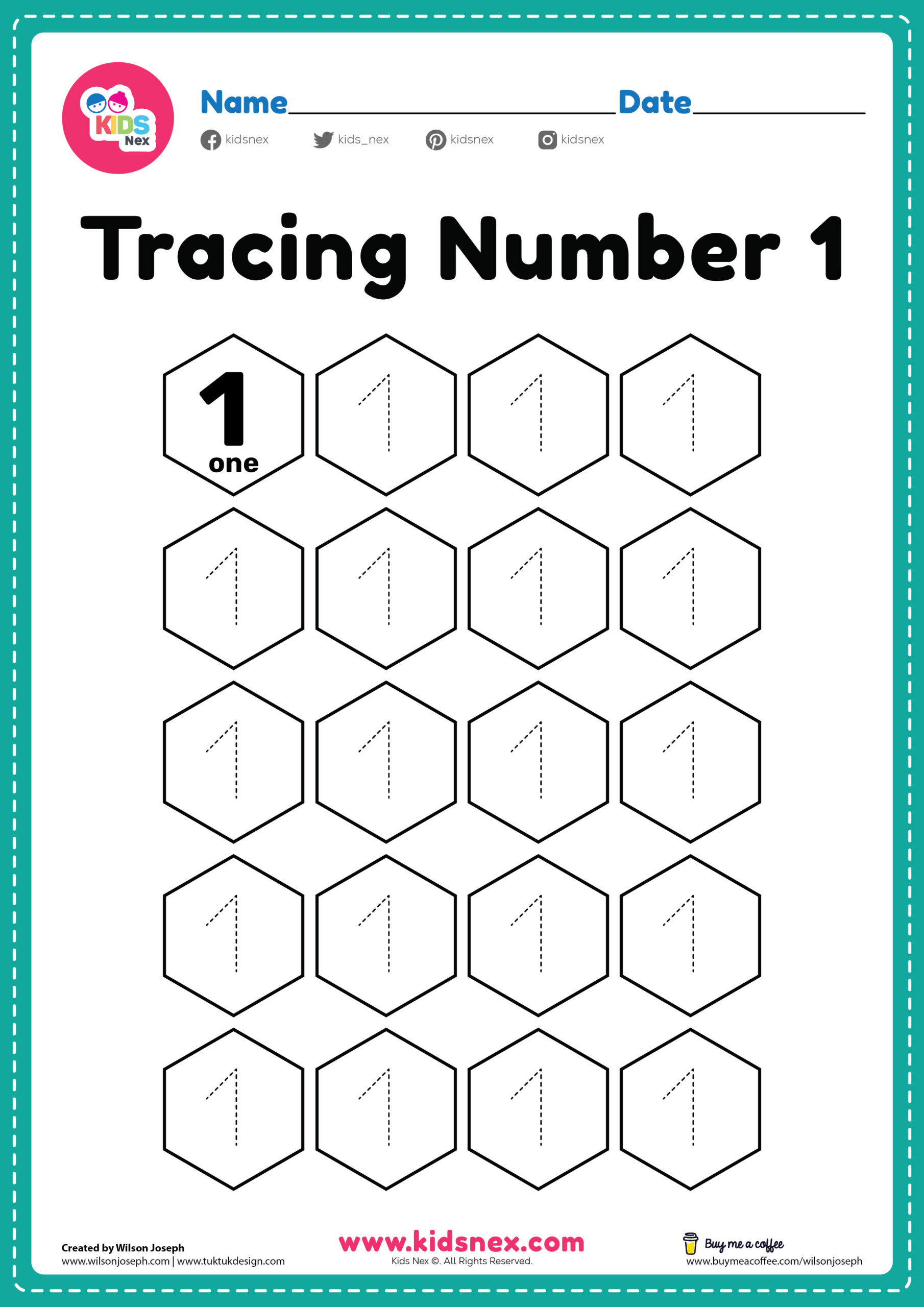 Kids tracing number 1 free pdf printable worksheet