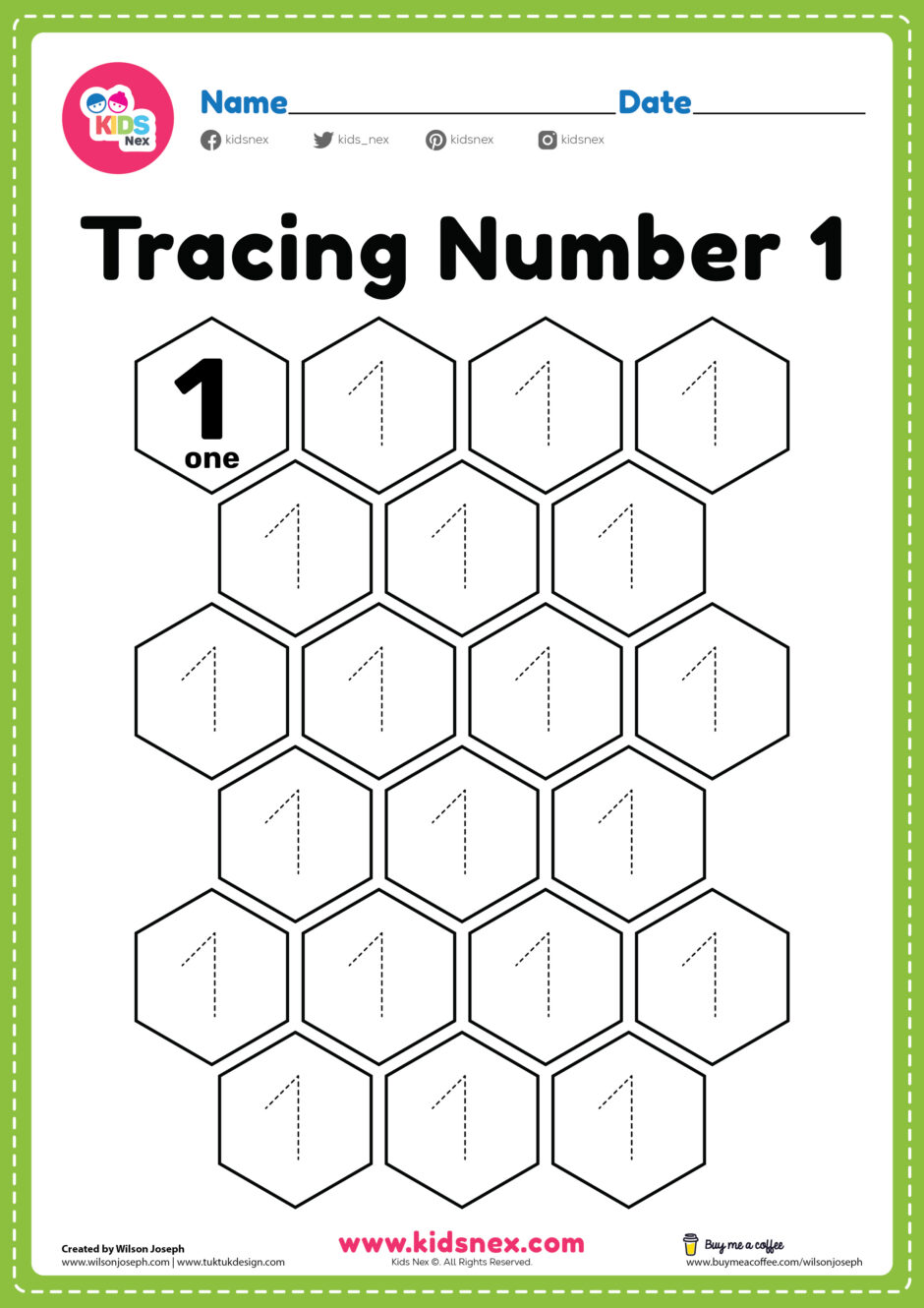 Free PDF printable number 1 tracing worksheet