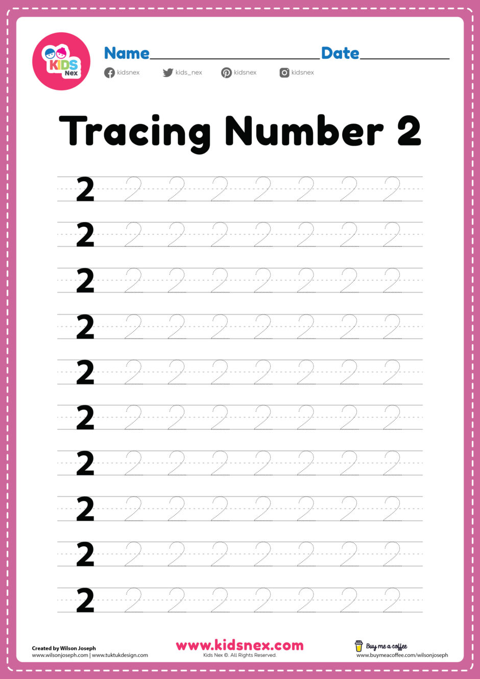 Tracing number 2 worksheet