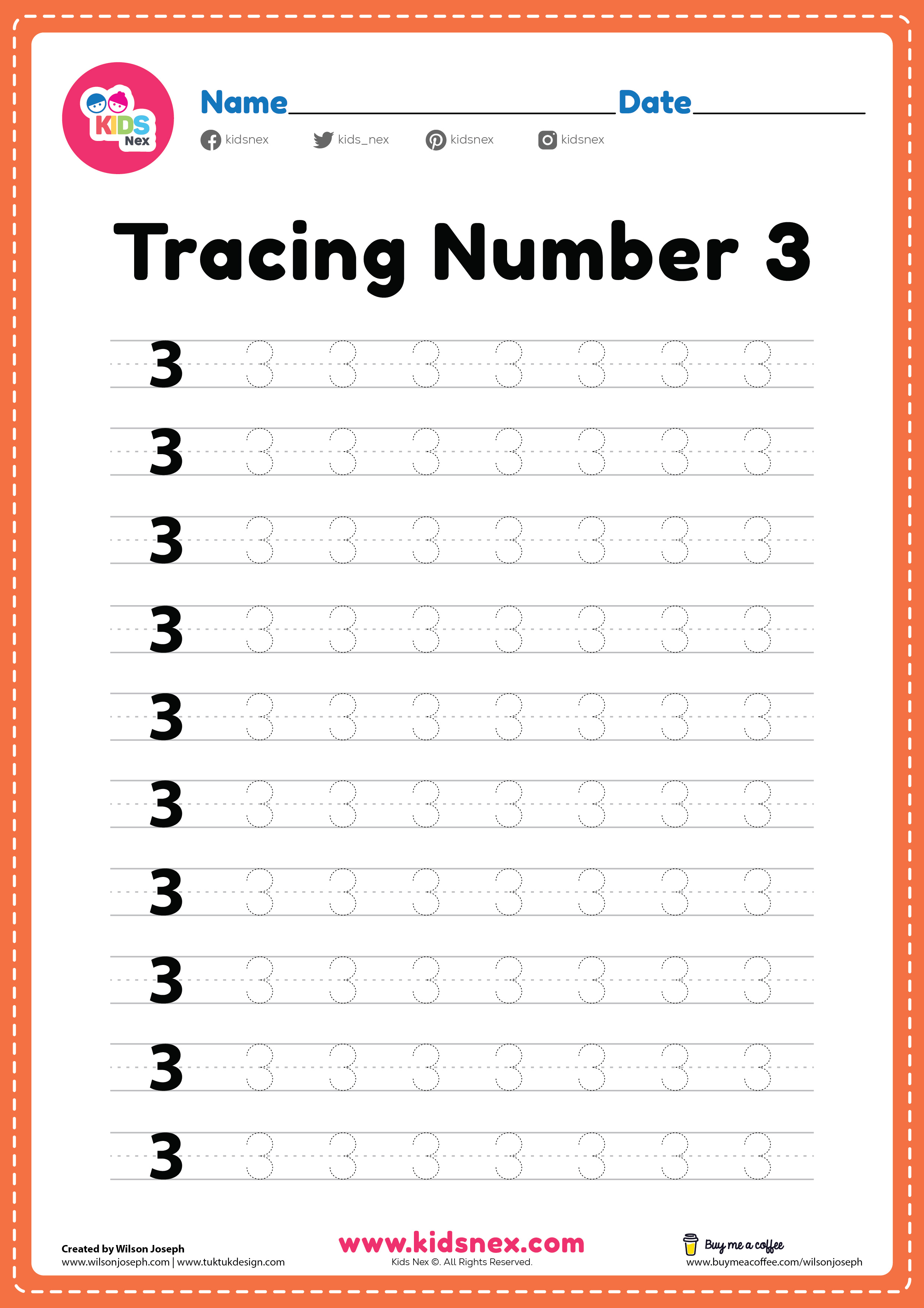 Tracing Number 3 Worksheet