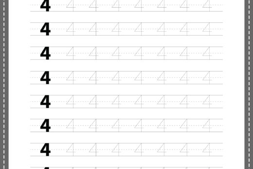 Tracing number 4 worksheet