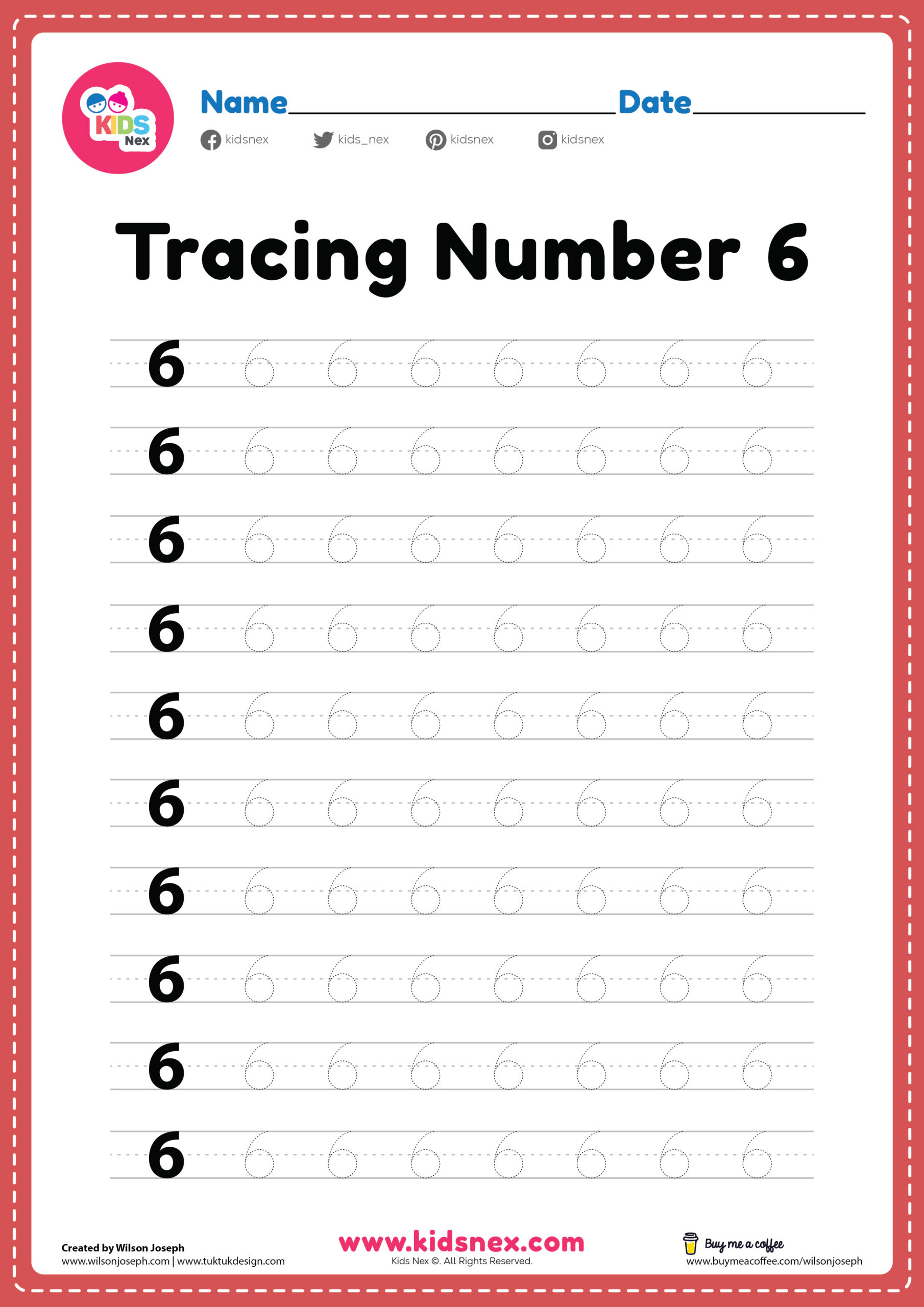 Tracing Number 6 Worksheet Preschool Free Printable PDF