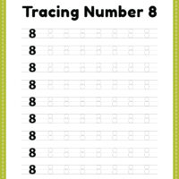 Tracing number 8 worksheet for kindergarten and preschool kids for handwriting practice to identify math numbers educational activities in a free printable PDF page.