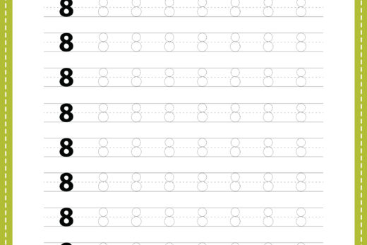 Tracing number 8 worksheet for kindergarten and preschool kids for handwriting practice to identify math numbers educational activities in a free printable PDF page.