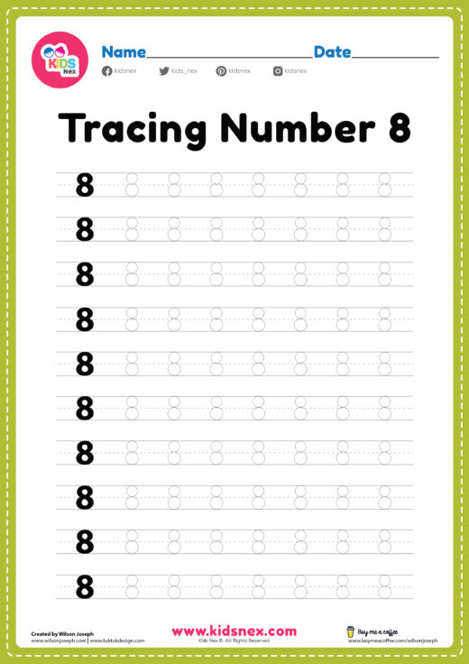 Tracing number 8 worksheet for kindergarten and preschool kids for handwriting practice to identify math numbers educational activities in a free printable PDF page.