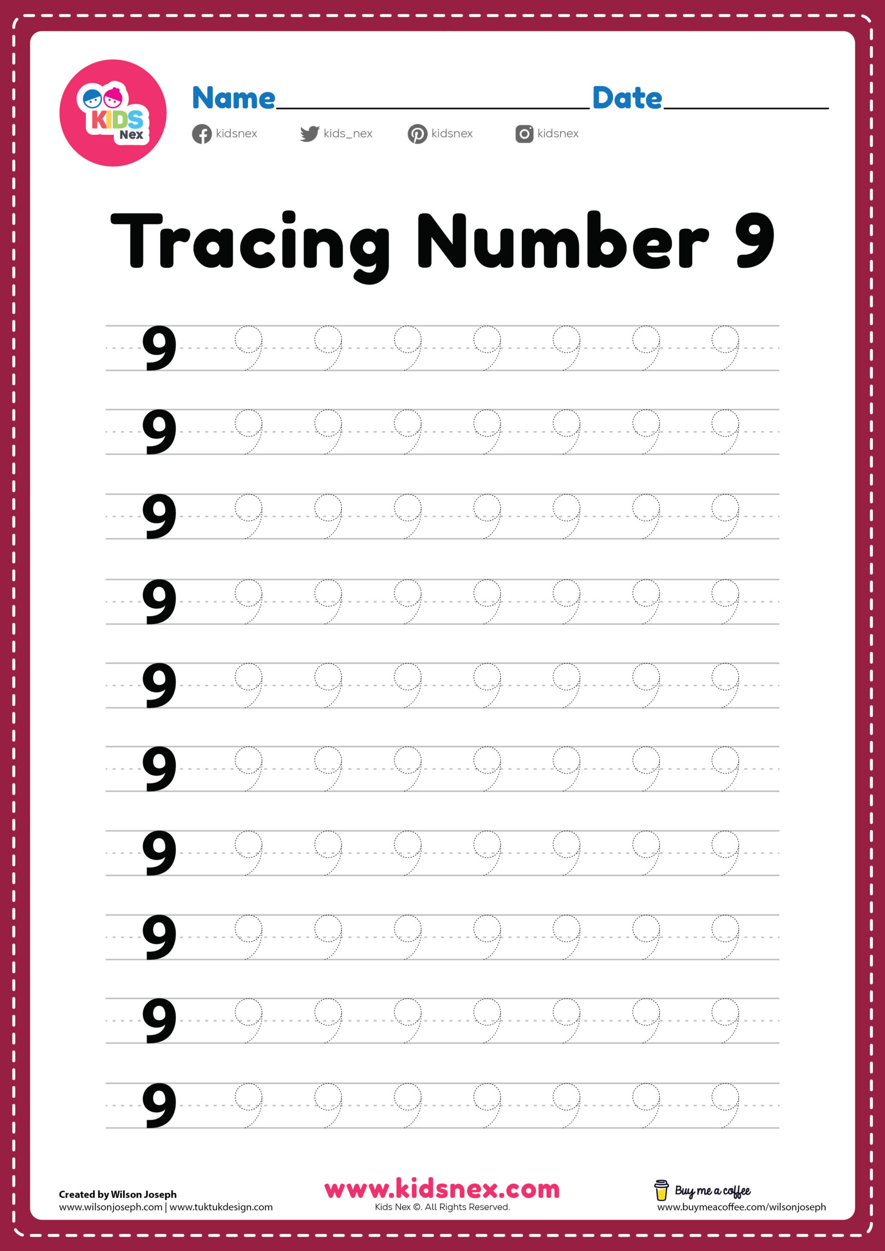 Tracing number 9 worksheet