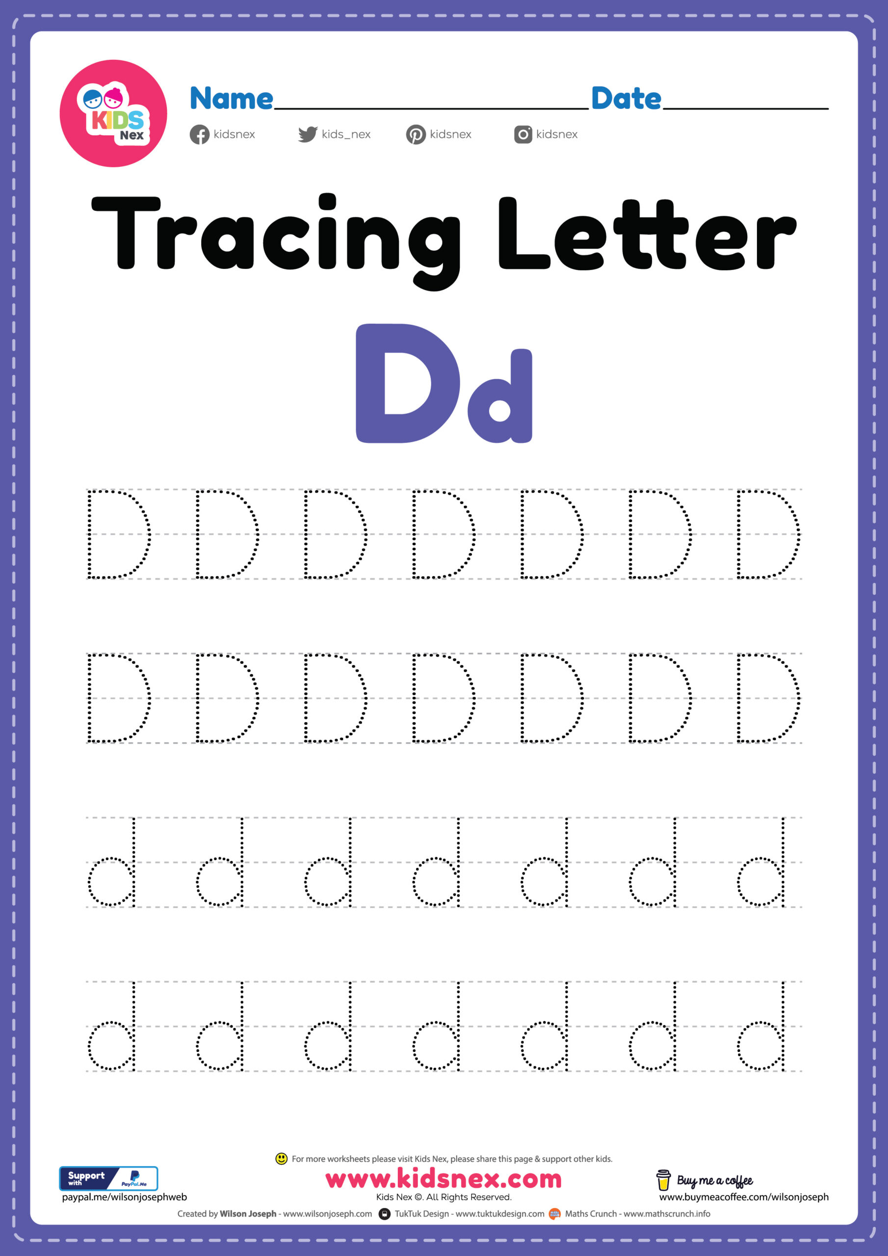 Tracing Letter D Alphabet Worksheet - Free Printable PDF Within Letter D Worksheet For Preschool