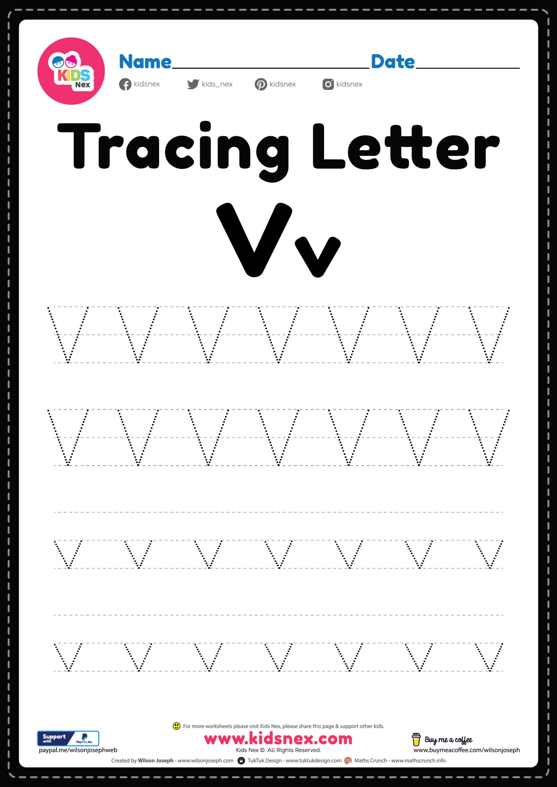 Free Printable PDF Tracing Letter V Alphabet Worksheet