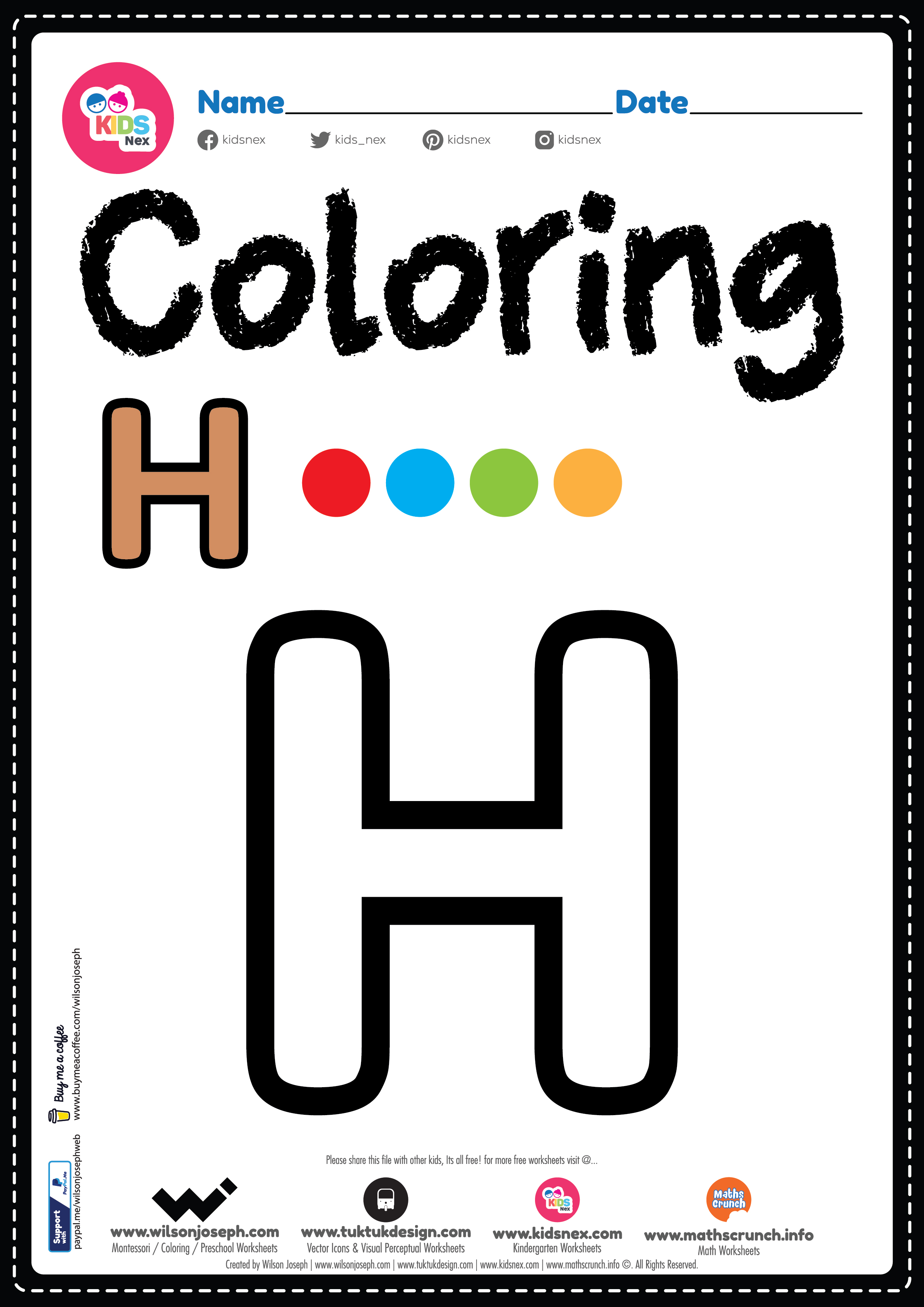 Letter H Alphabet coloring page worksheet for preschool, kindergarten & Montessori kids to learn and practice drawing and coloring activities to develop creativity skills. in a free printable PDF page.