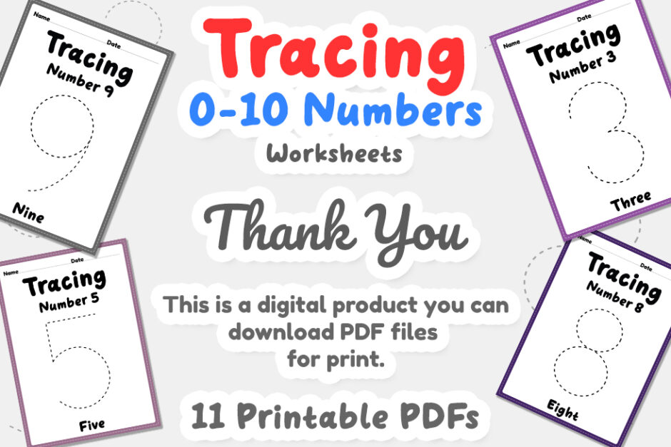 Tracing number 1-10 worksheet for kindergarten, preschool and Mo