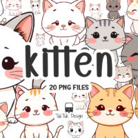 Cute Kitten Clipart, Kawaii Cat & Chibi Feline Illustrations Digital Download