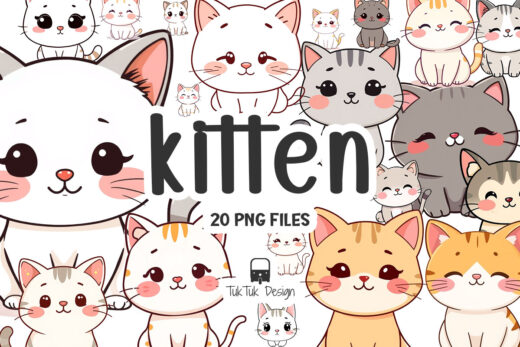 Cute Kitten Clipart, Kawaii Cat & Chibi Feline Illustrations Digital Download