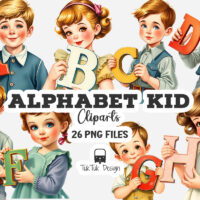 Vintage alphabet letter illustration, featuring a retro design and a charming drawing of a child