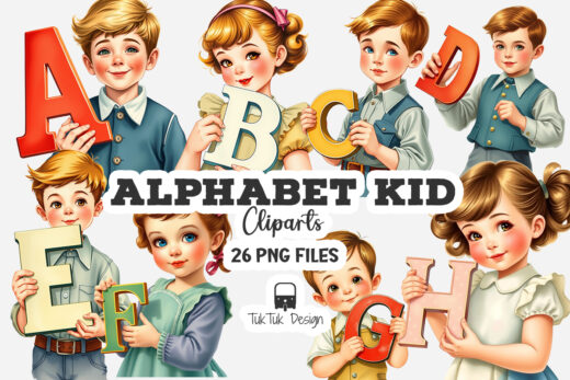 Vintage alphabet letter illustration, featuring a retro design and a charming drawing of a child