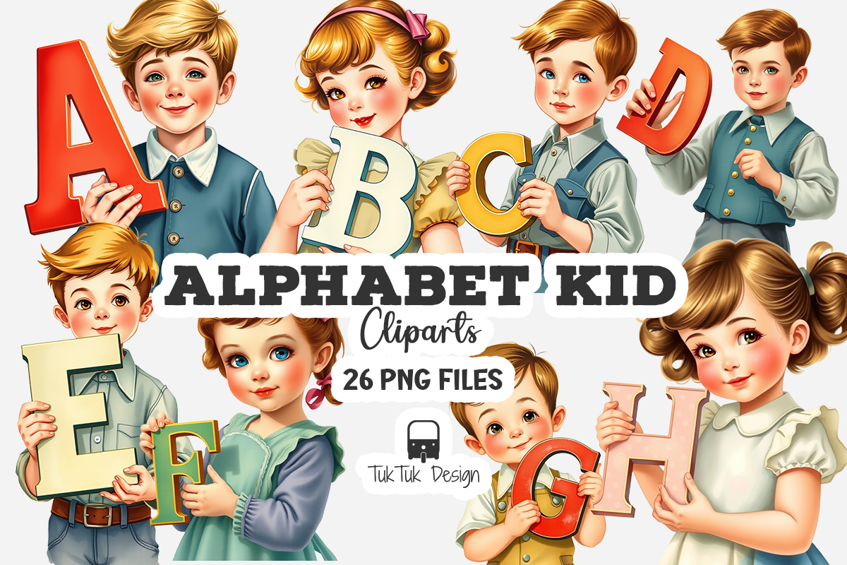 Vintage alphabet letter illustration, featuring a retro design and a charming drawing of a child