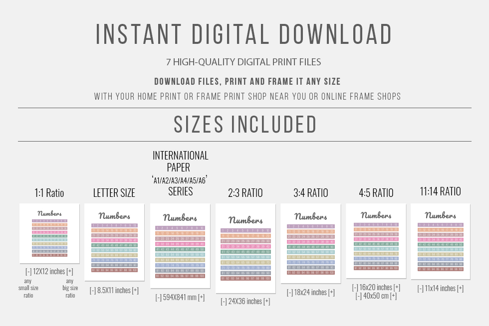 Number Chart 1 - 100 Digital Poster for Kids Wall Art, Montessor