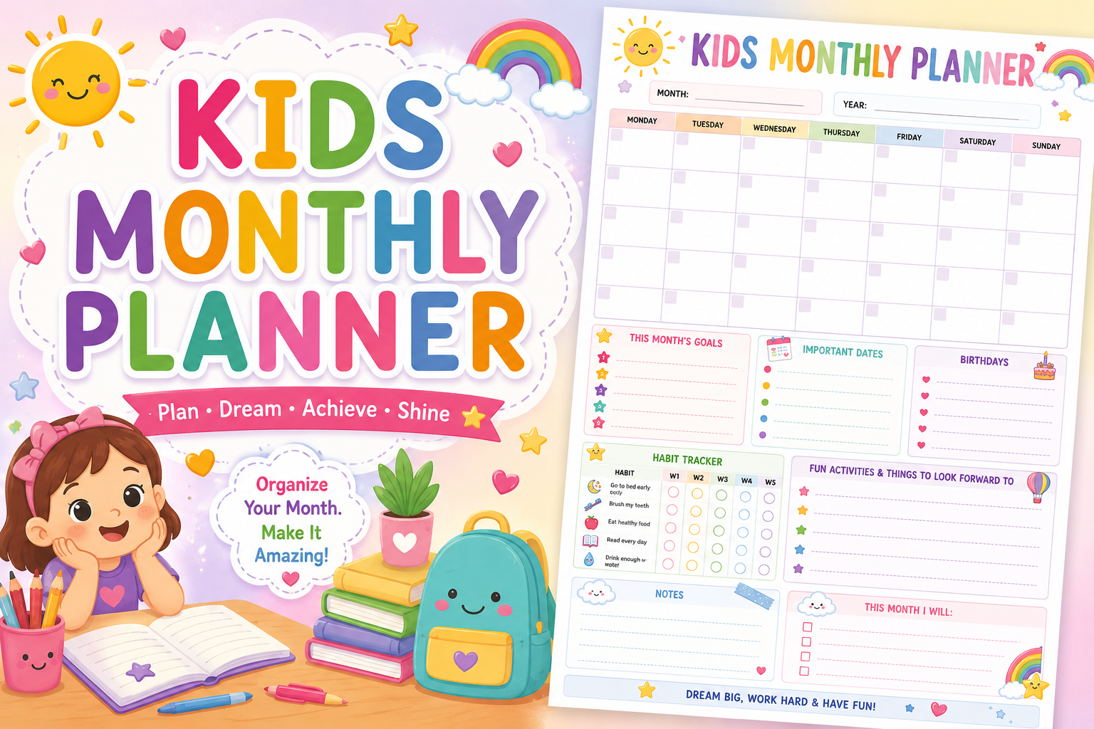 Pastel Kids Monthly Planner Printable Page
