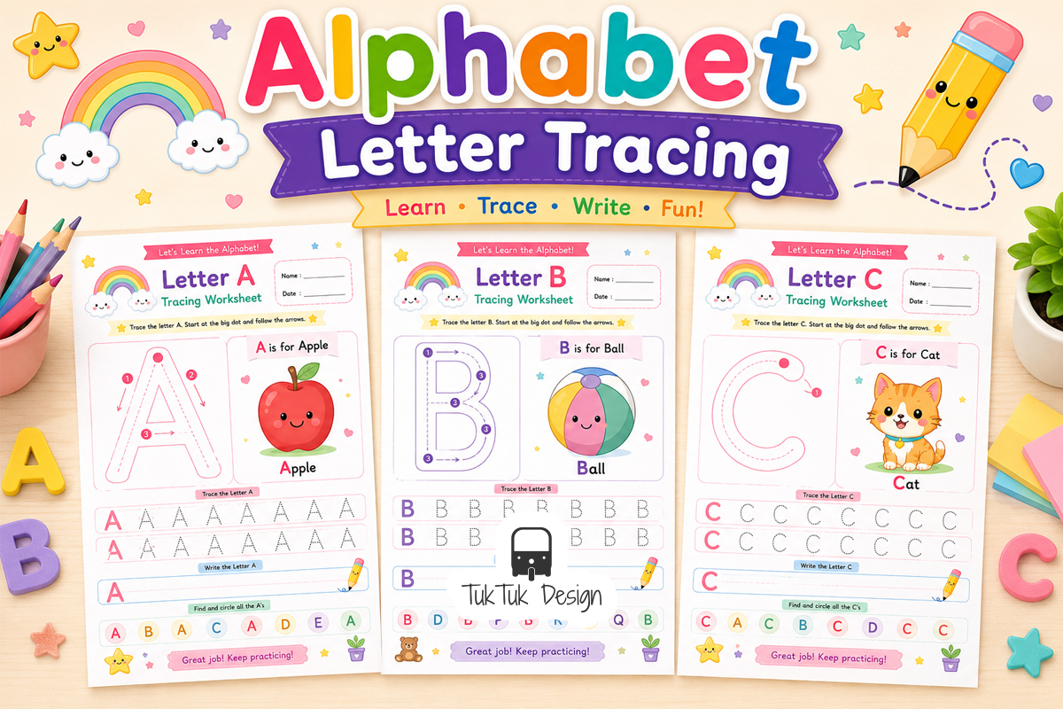 Alphabet Letter Tracing Worksheets A–Z printable bundle for preschool children