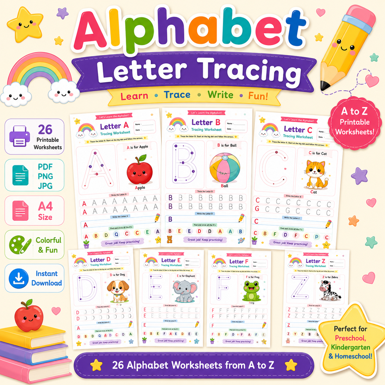 Printable A to Z letter tracing worksheets for homeschool and classroom learning
